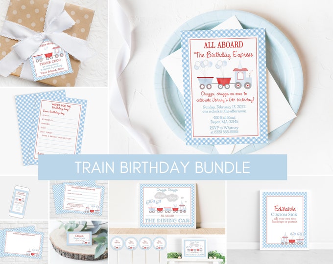 Editable Train Birthday Invitation Bundle, Train Birthday Party Decorations for Kids Bundle, Chugga Chugga Two Two Invitation, 1st Birthday