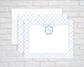 Monogram Blue Bow Trellis Stationery Set for Women, Personalized Baby Shower Thank You Note Cards, Boy Baby Shower Gift, A2 Flat Stationary