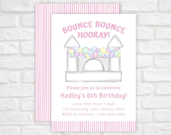 Pink and White Bounce House Birthday Invitation