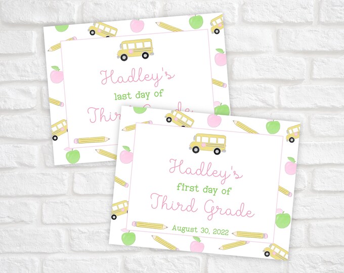 Pink School Bus Pattern First and Last Day of School Printable Sign