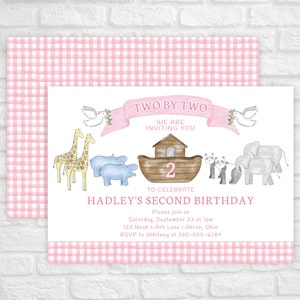 Noah&#39;s Ark Birthday Invitation, Girl Second Birthday Invitation, Two by Two Birthday Invite, Animal Birthday Party Digital Download Template