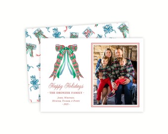 Printable Christmas Photo Card Template | Editable Watercolor Family Holiday Card | Plaid Tartan Bow