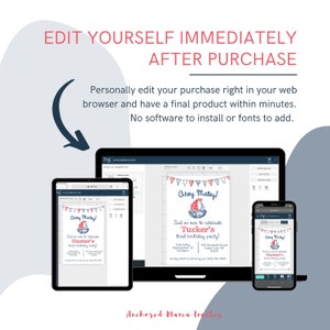 May include: A digital mockup of a printable invitation for a child's birthday party. The invitation features a nautical theme with a sailboat, red and blue pennants, and the text "Ahoy Matey!" The invitation is customizable and can be edited online.