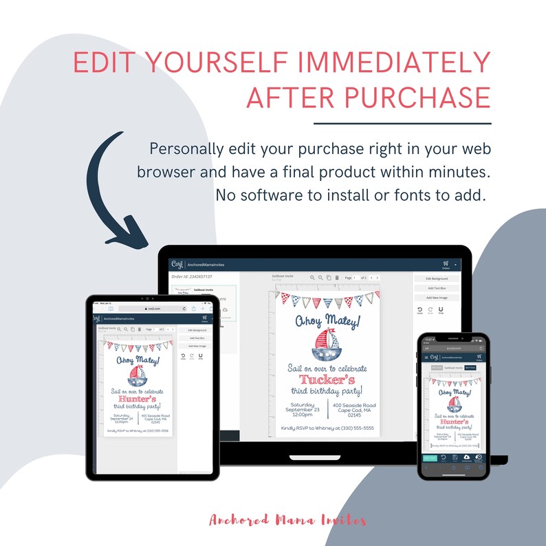 May include: A digital mockup of a printable invitation for a child's birthday party. The invitation features a nautical theme with a sailboat, red and blue pennants, and the text "Ahoy Matey!" The invitation is customizable and can be edited online.