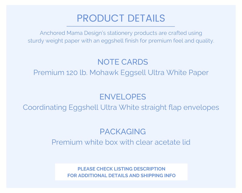 Puede incluir: Gr&aacute;fico azul claro con el texto &laquo;DETALLES DEL PRODUCTO&raquo;. Detalla productos de papeler&iacute;a, incluyendo tarjetas de notas hechas de papel premium de 120 lb, sobres coordinados y embalaje en una caja blanca con tapa transparente.