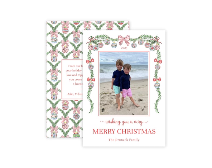 Christmas Photo Card Template, Watercolor Baubles Christmas Card, Printable Holiday Ornaments Photo Card, Grandmillennial Digital Download