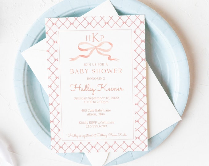 Printable Baby Shower Invitation, Digital Baby Shower Invitation, Pink Monogram Bow Invitation, Baby Girl Shower Invite, Invitation Template