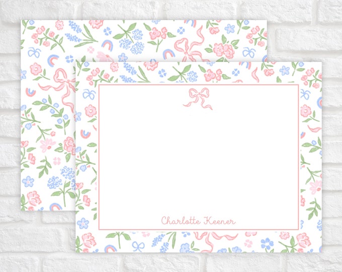 Ditsy Floral and Bow Stationery Set for Women and Girls, Personalized Stationary for Women and Girls, Personalized Floral Note Cards