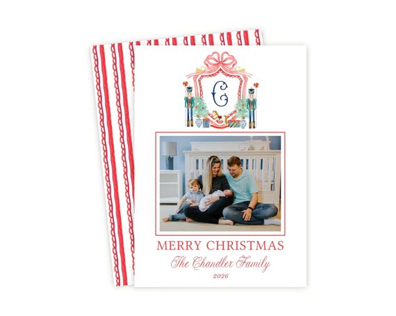 Nutcracker Christmas Photo Card Template | Watercolor Monogram Card | Printable 5x7 Holiday Card