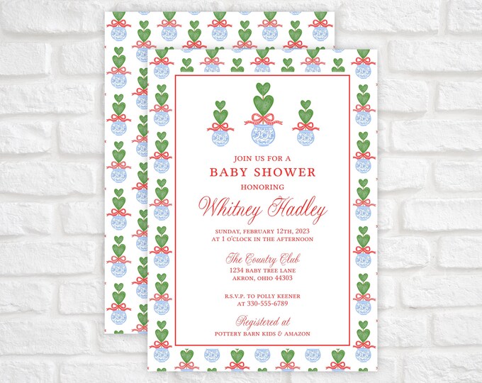 Valentine Baby Shower Invitation Girl, Heart Topiary Baby Shower Invitation, Printable Baby Girl Shower Invitation, Chinoiserie Baby Shower