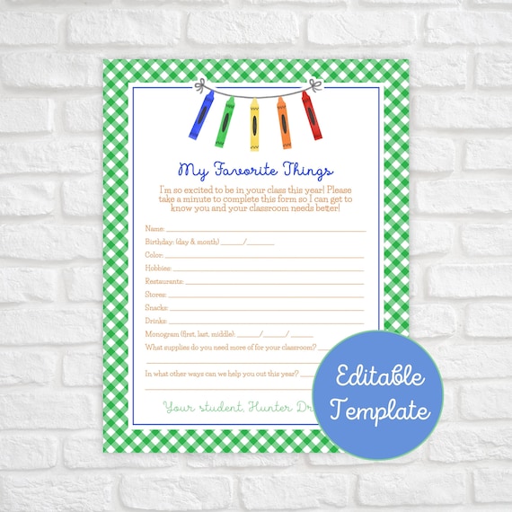 Editable Teacher Questionnaire Printable Teachers Favorite - Etsy