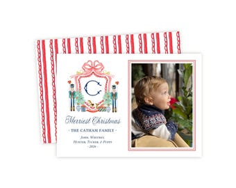 Tarjeta navideña con foto del Cascanueces / Escudo con monograma en acuarela / Plantilla editable para tarjeta navideña