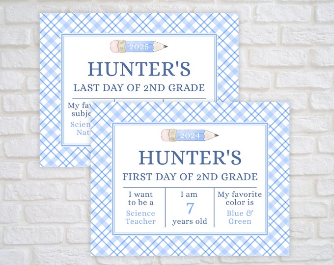 Printable Blue Plaid and Pencil Back to School Sign