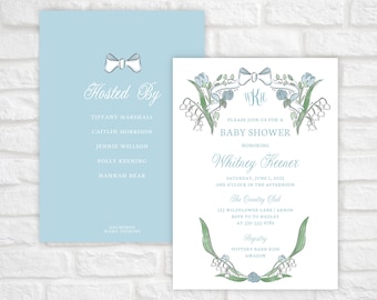 Invito stampabile per baby shower, invito floreale per baby shower, invito con fiocco monogramma blu, invito per baby shower per maschietto, modello di invito