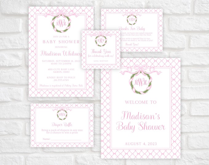 Baby Girl Shower Invitation Bundle, Pink Bow Monogram Wreath Baby Shower Invitation Set, Classic Baby Pink Shower Printable Template