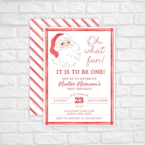 Oh, que convite divertido de aniversário de Natal, convite para festa de aniversário de Natal, convite de aniversário de Papai Noel em aquarela, convite de primeiro aniversário