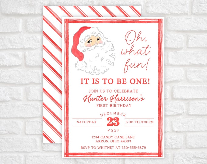 Oh What Fun Christmas Birthday Invite, Christmas Birthday Party Invitation, Watercolor Santa Birthday Invite, First Birthday Invitation