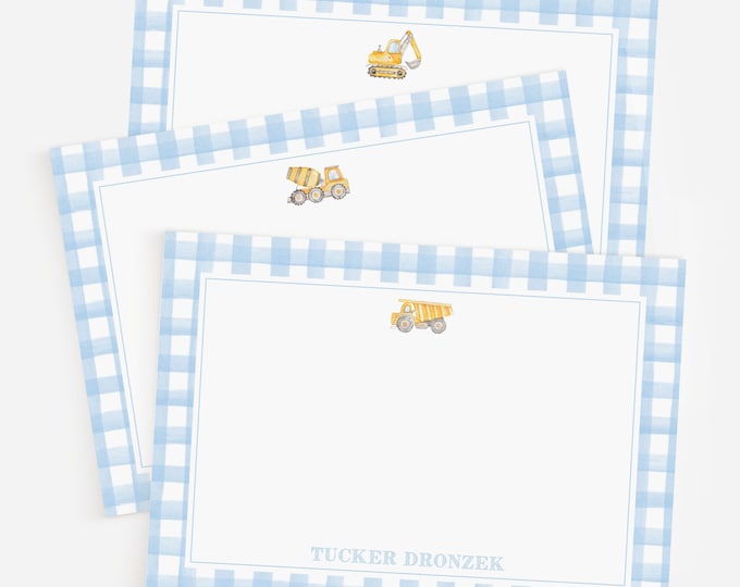 Personalized Stationary for Kids, Boys Construction Thank You, Personalized Notecards Set Template, Vehicle Birthday Thank You Cards