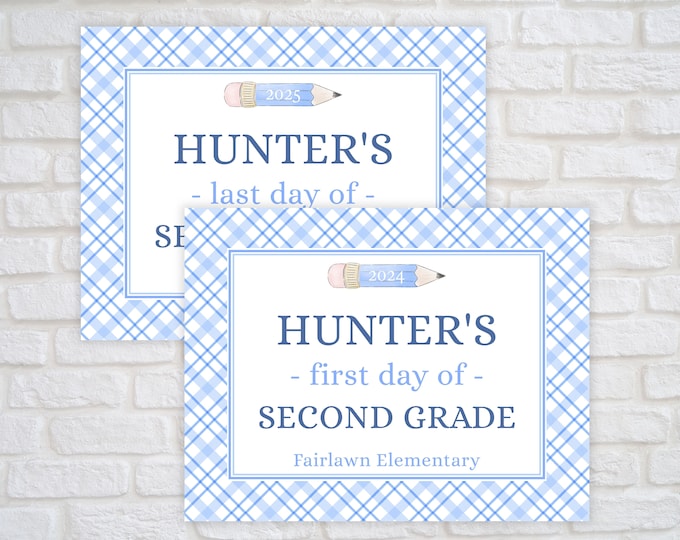 Printable Blue Plaid and Pencil Back to School Sign