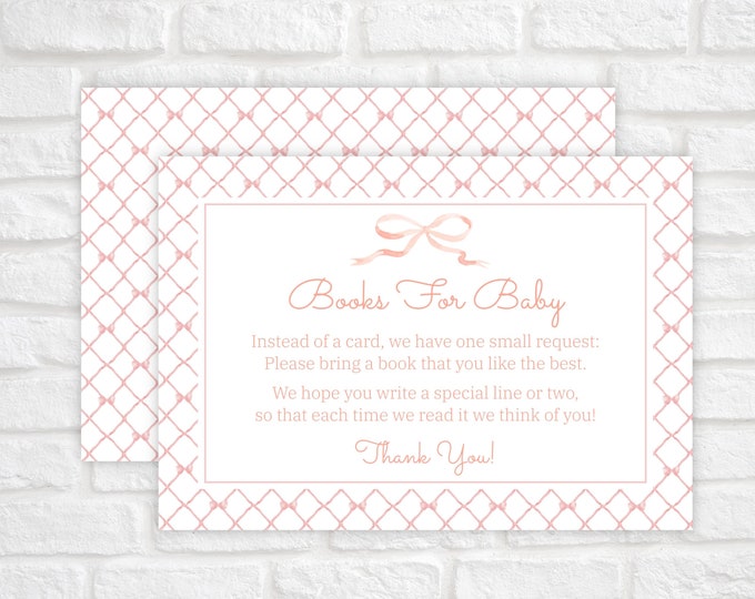 Editable Books for Baby Card, Request Books instead of a Card, Baby Shower Invitation Enclosure, Book Request, Pink Bow Grandmillennial
