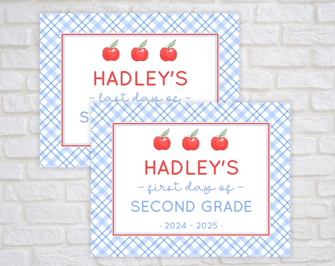 Printable Blue Plaid and Apple School Sign