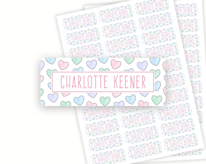 Personalized Pastel Hearts School Name Labels