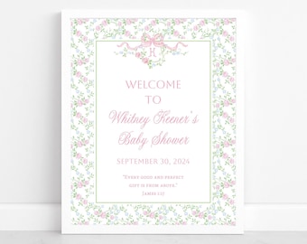 Printable Girl Baby Shower Welcome Sign Template, Floral Vines with Pink Bow Shower Sign, Baby Girl Coquette Grandmillennial Sign