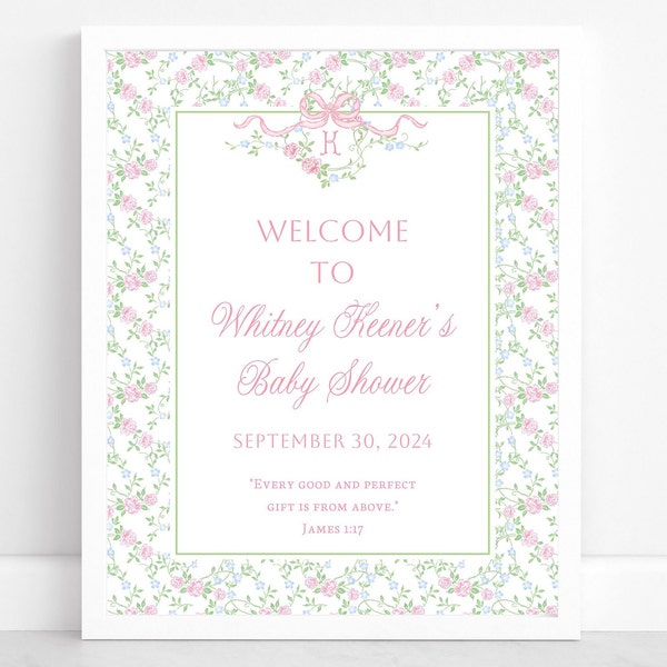 Printable Girl Baby Shower Welcome Sign Template, Floral Vines with Pink Bow Shower Sign, Baby Girl Coquette Grandmillennial Sign