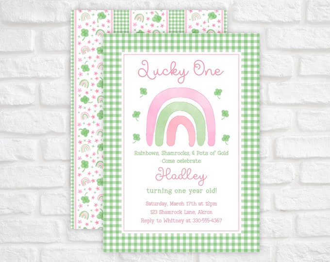 St. Patrick's Day 1st Birthday Invitation, Lucky One First Birthday Invitation, Watercolor Shamrock Rainbow Birthday Party Invitation