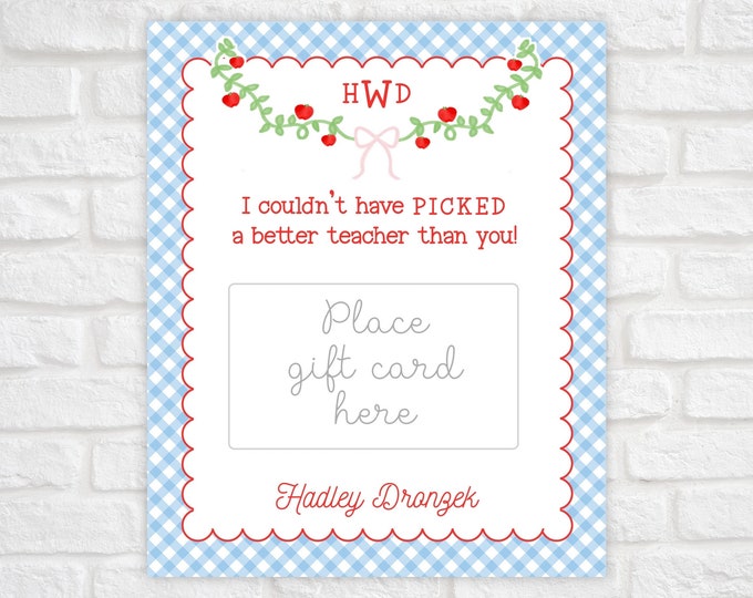 Printable Teacher Gift Card Holder, Back to School Gift for Teacher, First Day of School Teacher Gift, Teacher Appreciation Gift Tag