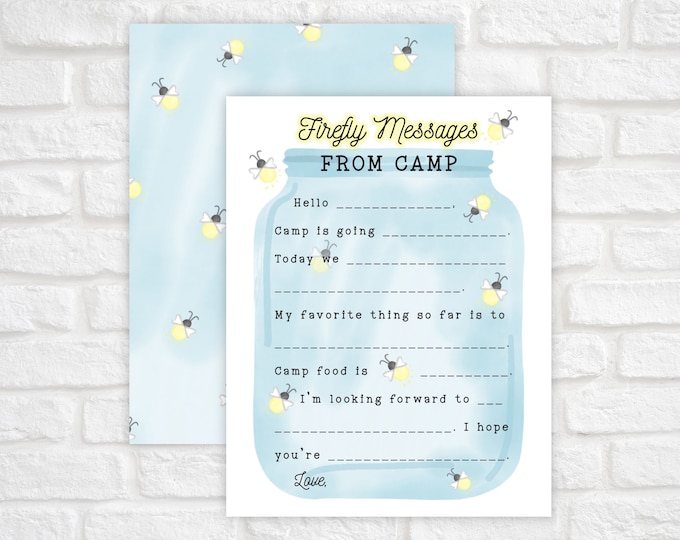 Firefly Camp Note Cards for Kids, Printable Camp Stationery, Fill in the Blank Notes From Camp, Summer Camp Cards, Instant Download