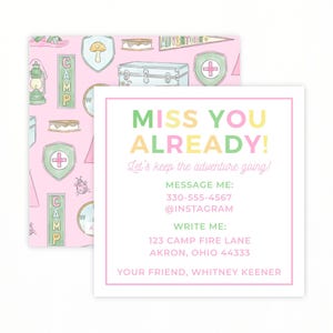 Tarjeta de contacto de campamento para niñas / Tarjeta de presentación de campamento de verano / Papelería de campamento / Tema de campamento rosa pastel / Correo de campamento / Imprimible o impresa