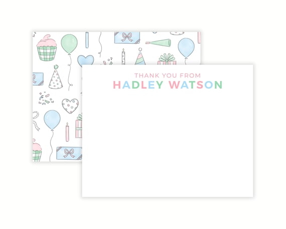Personalized Birthday Thank You Note Cards for Girls | Pastel Birthday Note Cards | First Birthday Stationery | A2 Custom Kids Note Cards