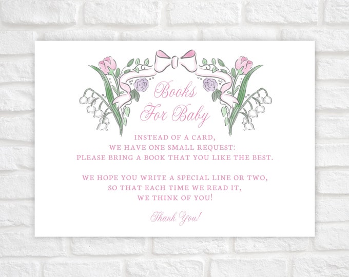 Floral Bow Books for Baby Card, Request Books instead of a Card, Baby Shower Invitation Enclosure, Book Request, Pink Bow Grandmillennial