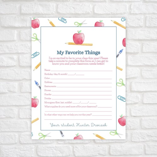 Printable Teacher Questionnaire Getting to Know You - Etsy