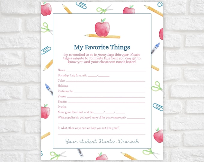 Get to Know the Teacher Questionnaire, Teacher Favorite Things Printable, Get To Know Your Teacher, Back to School, School Supplies Teacher