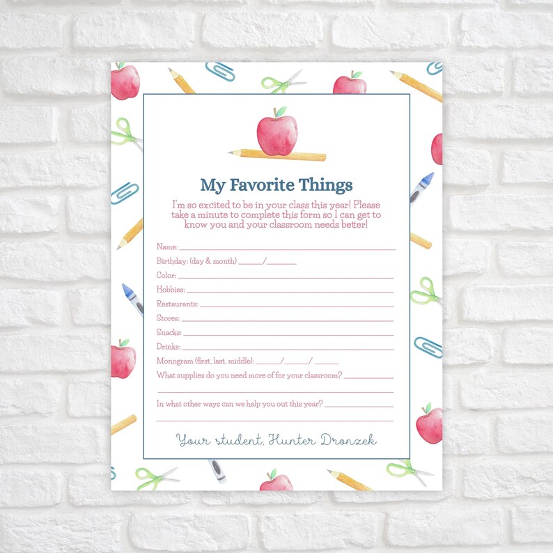 Get to Know the Teacher Questionnaire Teacher Favorite Things - Etsy