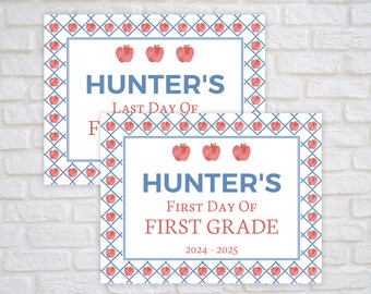 May include: Two printable signs with a blue and white checkered background and red apples. The top sign says "HUNTER'S LAST DAY OF [text is cut off]" and the bottom sign says "HUNTER'S FIRST DAY OF FIRST GRADE 2024 - 2025".