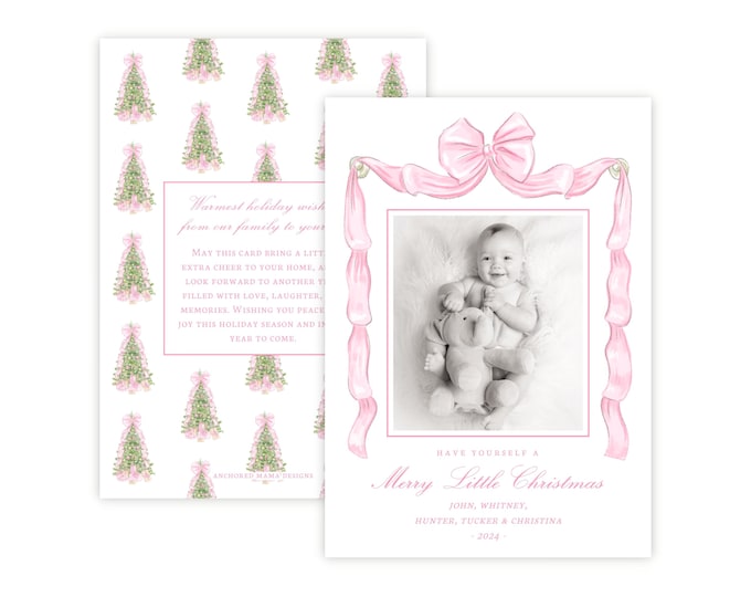 Watercolor Pink Garland Christmas Photo Card Template