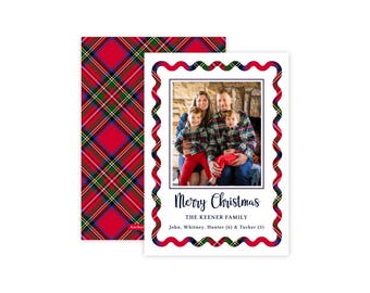 Tartan Christmas Photo Card | Plaid Family Holiday Card | Custom Merry Christmas Card | Preppy Red Green Navy Design | Corjl Template