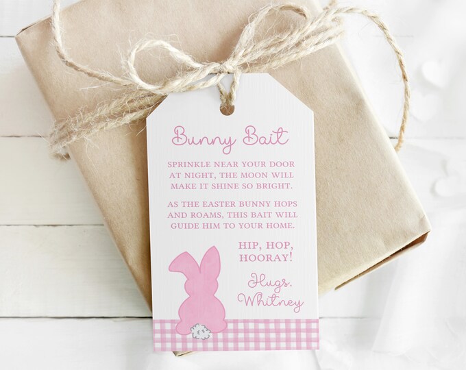 Easter Bunny Bait Gift Tag Printable, Bunny Bait Favor Tag, Bunny Bait Label, Pink Gingham Bunny Bait Tag, Kids Easter Activity