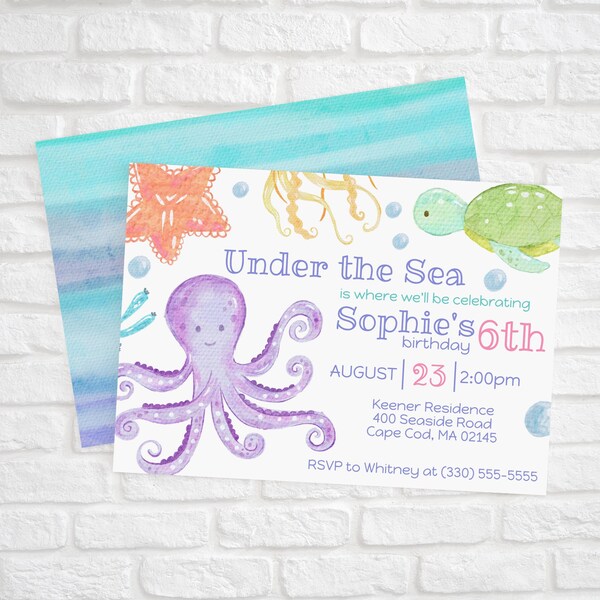 EDITABLE Horizontal Under the Sea Birthday Invitation, Kids Party Invite, Nautical Invite, Octopus, Printable, Instant Download, Corjl