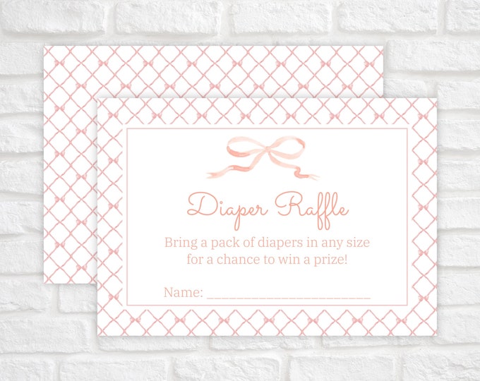 Editable Diaper Raffle Card, Printable Diaper Raffle Game, Baby Shower Invitation Enclosure, Pink Bow Grandmillennial Diaper Raffle