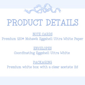 Puede incluir: Detalles del producto para tarjetas de notas y sobres. Tarjetas de notas de papel ultra blanco Eggshell Mohawk 120# de primera calidad con sobres a juego Eggshell Ultra White. El embalaje incluye una caja blanca de primera calidad con una tapa de acetato transparente.