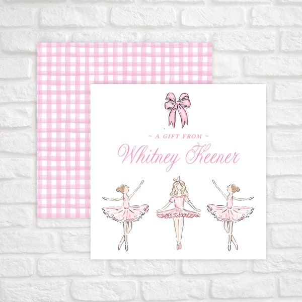 Printable Gift Tags for Girls, Pink Gingham Ballet Gift Tag, Ballerina Calling Card, Dance Enclosure Card, Personalized Dance Stationery