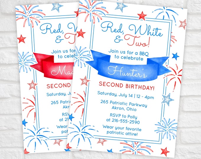 Printable Red White and Two Birthday Invitation