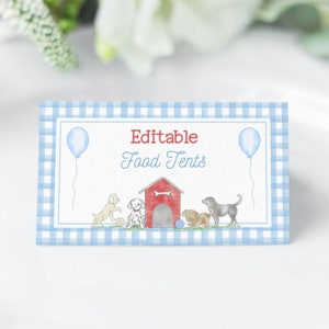 Modelo de cartão de lugar para cachorro, barracas de comida para cachorro, cartões de festa de aniversário de cachorro, etiqueta de comida para cachorro, cartão de lugar para recortes e caracóis