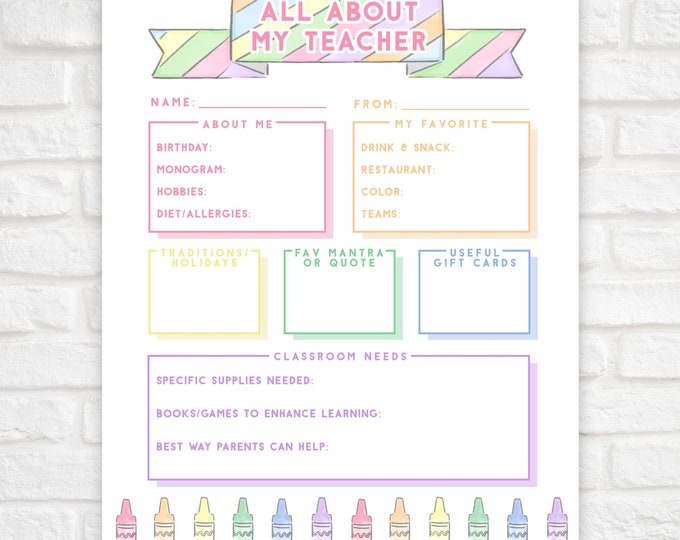 Rainbow Get To Know The Teacher Questionnaire