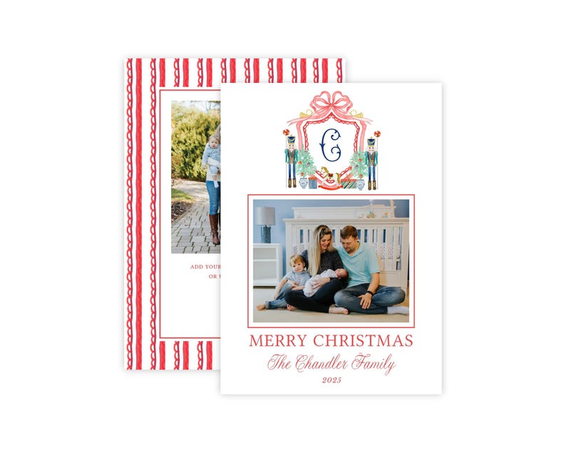 May include: A white Christmas card featuring a watercolor crest with a pink bow, nutcrackers, and a letter C. Below the crest is a photo of a family, the text MERRY CHRISTMAS, The Chandler Family, and 2023. The card has a red striped border.