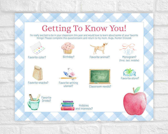 Get to Know the Teacher Questionnaire, Watercolor Teacher Favorite Things, Printable Get To Know Your Teacher, Back to School Survey